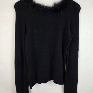 BCBGMAXAZRIA Womens Sweater Size Small Black Faux Fur Collar Long Sleeve Top